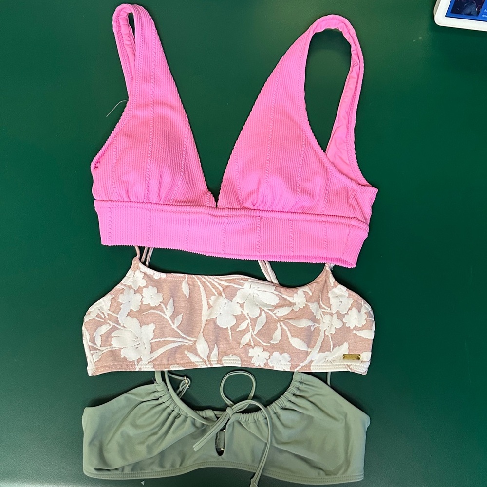Aerie Pink, Roxy Floral, and Hollister Green Bikini Tops